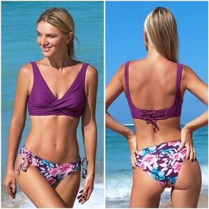 NWT Cupshe Purple Floral Twist Low Rise Lace Two Piece Bikini Swimsuit Bathing S